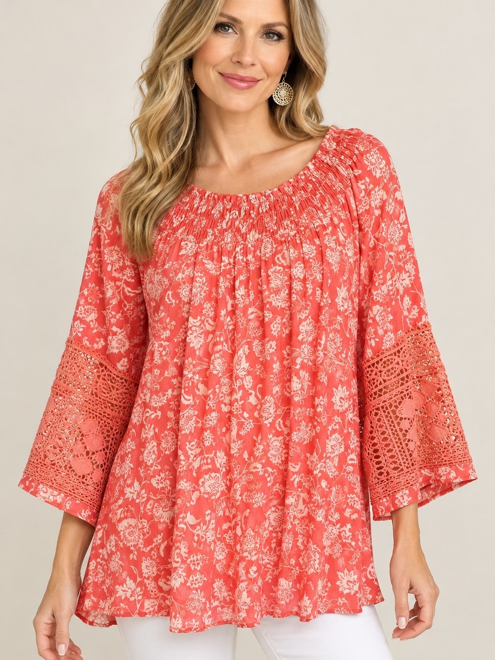 By Design Coral Floral Crochet Sleeve Off-the-Shoulder Tunic Blouse